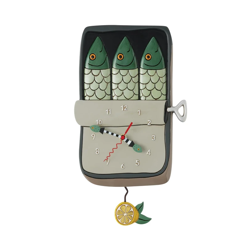 Enesco Allen Designs Feeling Salty Tin of Sardines Sculpted Pendulum Wall Clock, 13 Inch, Multicolor