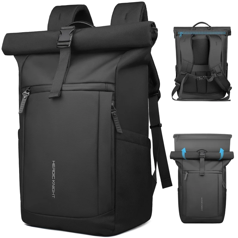 HEROIC KNIGHT Rolltop Backpack with Laptop Compartment, Expandable Roll Top Backpack for 15.6 Inch Computer, Laptop Backpacks for Men and Women, Ideal for Travel Business Work College, Black, Black, L