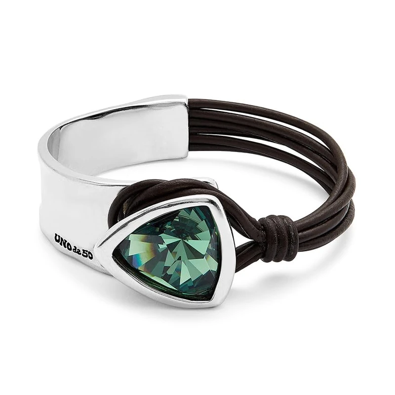 Bracelet Rigid of Alloy of Metal Plated in Silver of Sterling with Leather and Lens Facetado Green - Min Perimeter 15,5