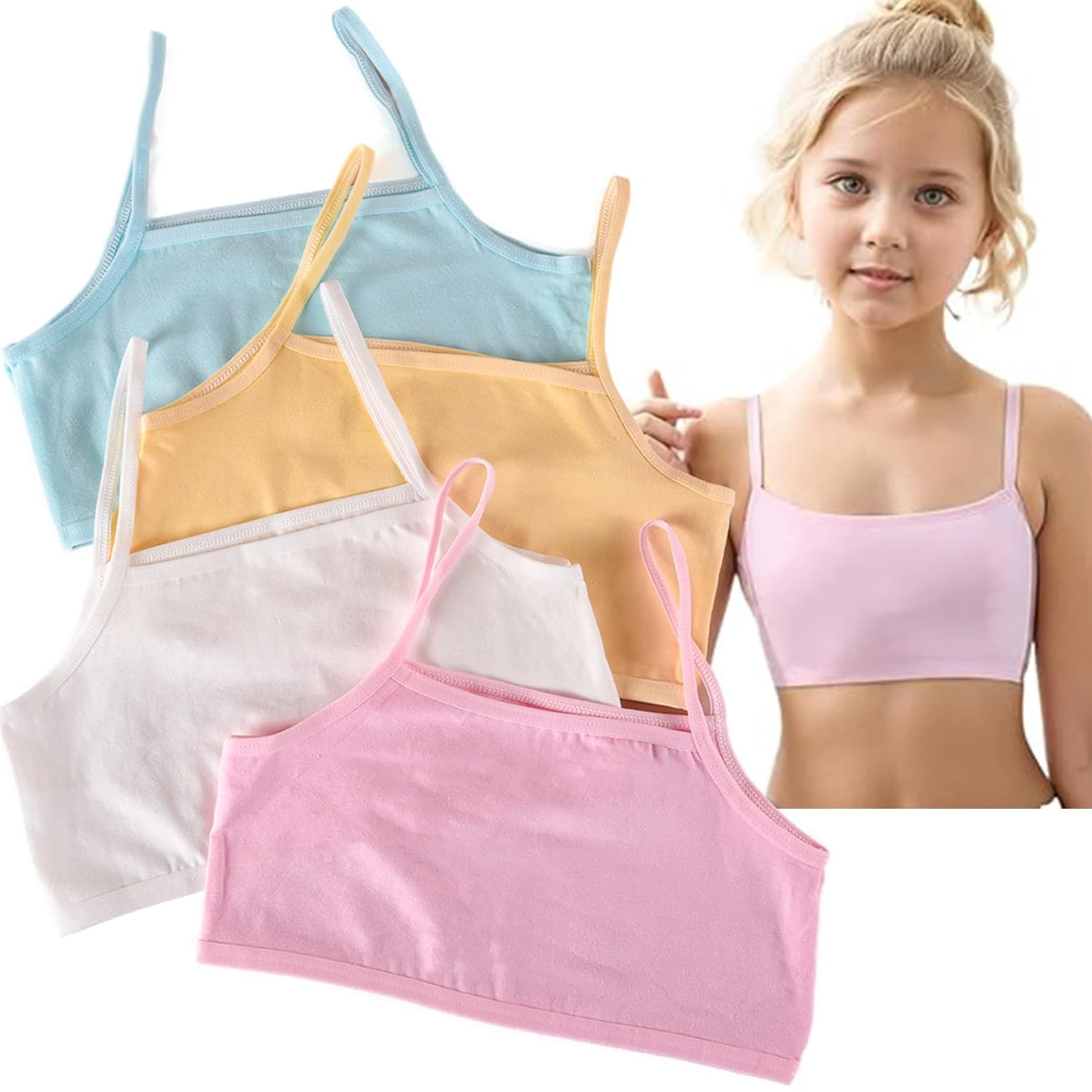 DILUSILK 4 Pcs Girls' Sports Bra - Soft Cotton Training Underwear for Ages 8-12 - Comfortable for Sleep and Yoga