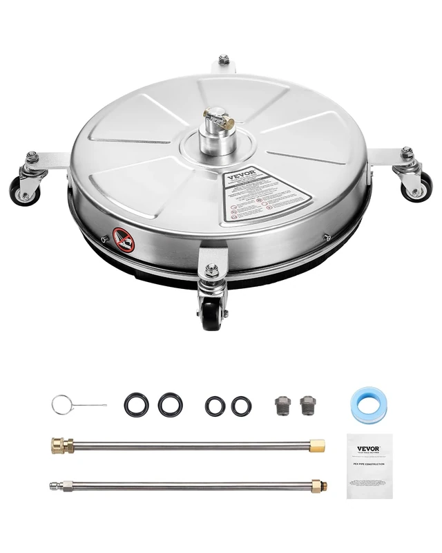 VEVOR 18" Pressure Washer Surface Cleaner, Stainless Steel Pressure Washer Attachments with 4 Wheels, 4000 Max PSI, 1/4 Quick Connector, 2 Spray Nozzles, 2 Extended Wands for Concrete, Patio, Deck