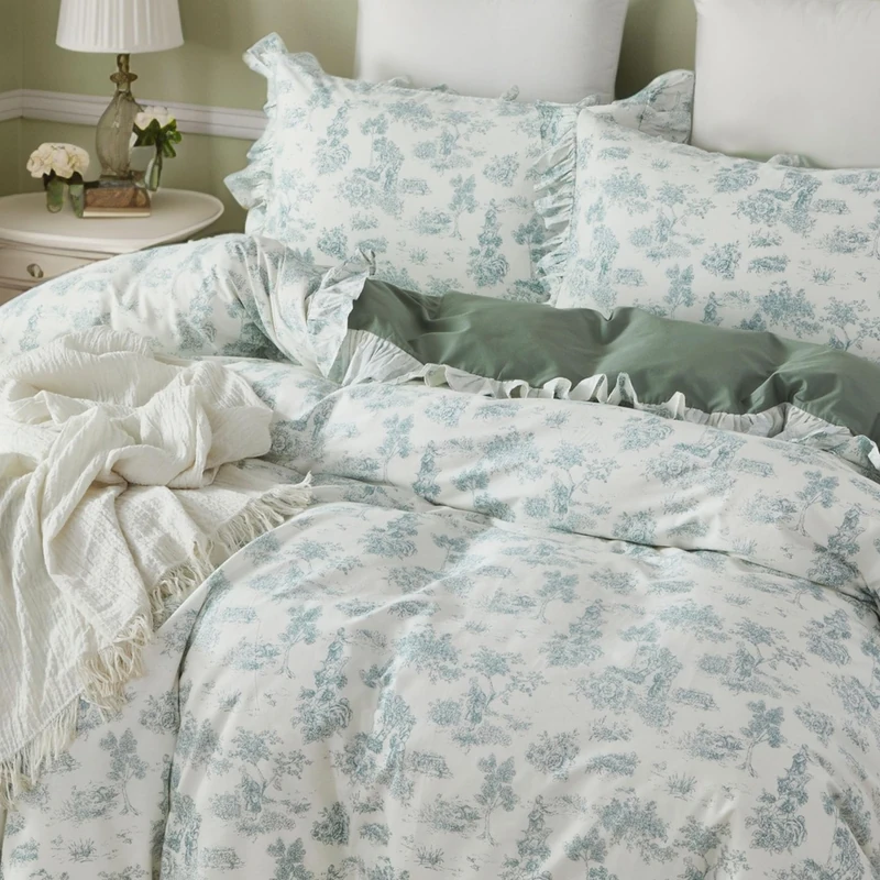 Brandream French Country Toile Ruffled Duvet Quilt Cover King Size 100% Cotton Bedding Set Vintage Garden Sage Green Toile Floral Tapestry Pattern Blossom Tree Branches Design