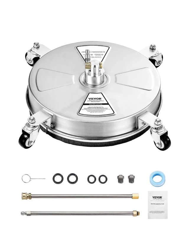 VEVOR 15" Pressure Washer Surface Cleaner, Stainless Steel Pressure Washer Attachments with 4 Wheels, 4000 Max PSI, 1/4 Quick Connector, 2 Spray Nozzles, 2 Extended Wands for Concrete, Patio, Deck