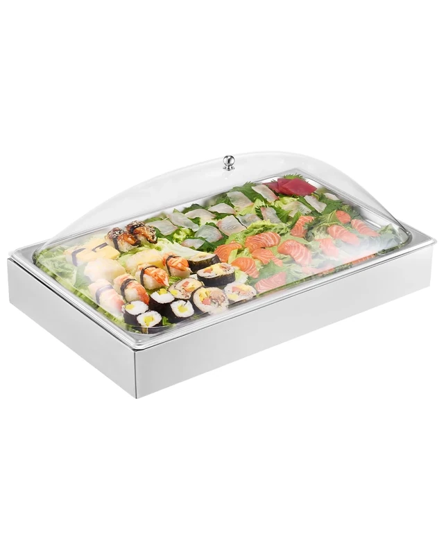 VEVOR Countertop Food Serving Display Container, 1 x 1 Pan Stainless Steel Food Serving Tray, Buffet Condiment Dispenser Display Rack with Clear Arc Lid & 3 Ice Trays, for Restaurant, Hotel, Party
