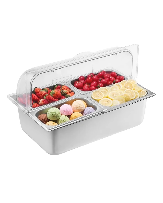 VEVOR Countertop Food Serving Display Container, 4 Pan Stainless Steel Food Serving Tray, Buffet Condiment Dispenser Display Rack with Clear Lid & 3 Freezer Boxes, for Restaurant Hotel Kitchen Party