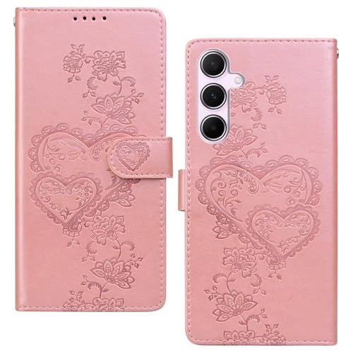 BOLELAW Case for Samsung Galaxy A55 [Magnetic Closure][Card Slot][Stand Function] Embossed Heart Peach Leather Flip Case for Galaxy A55, Pink