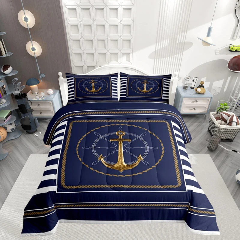 Feelyou Anchor Decor Comforter Set King Size Nautical Themed Bedding Set for Boys Girls Teens Ocean Comforter Sea Adventure Duvet Set Navy Blue Quilt Set