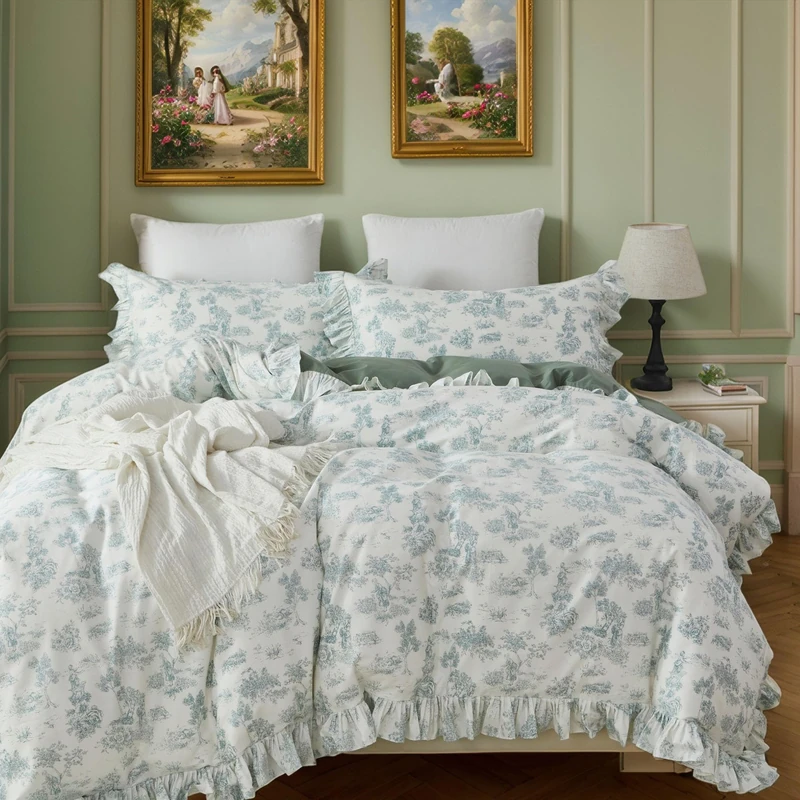 Brandream French Country Toile Duvet Cover Set Twin Size for Girls Bedroom Vintage Green Toile Floral Print 100% Cotton Kids Duvet Quilt Comforter Cover Pillow Shams Set with Ruffles Design
