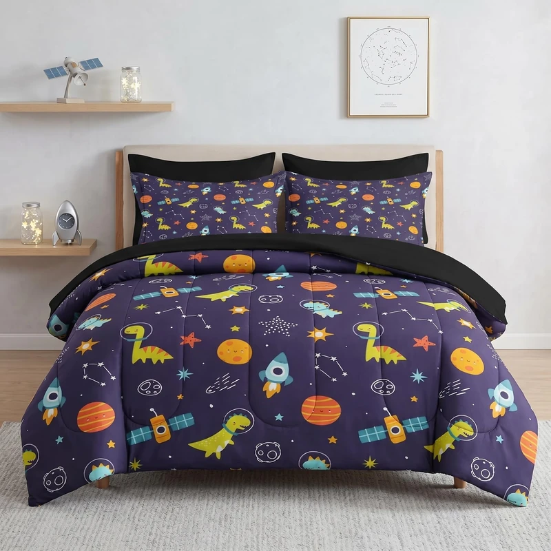 Pamnest 7 Pcs Comforter Set Full Size, Space Astronaut Dinosaur Galaxy Bedding for Kids and Adults, Dino Planet Bed Sheet Sets with Fitted Sheet 2 Pillowcases & 2 Shams
