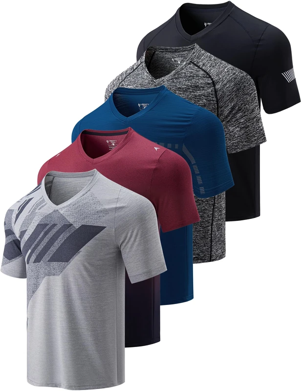 5 Pack Mens V-Neck Dry Fit T-Shirts, Active Athletic Short Sleeve Workout Tops, Performance Gym Tees (Available in Plus Size), Blue/Black/Charcoal/Light Gray/Gradient Red, XL