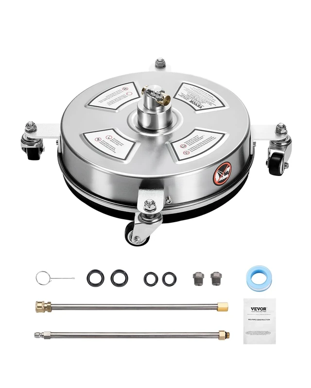VEVOR 14" Pressure Washer Surface Cleaner, Stainless Steel Pressure Washer Attachments with 4 Wheels, 4000 Max PSI, 1/4 Quick Connector, 2 Spray Nozzles, 2 Extended Wands for Concrete, Patio, Deck