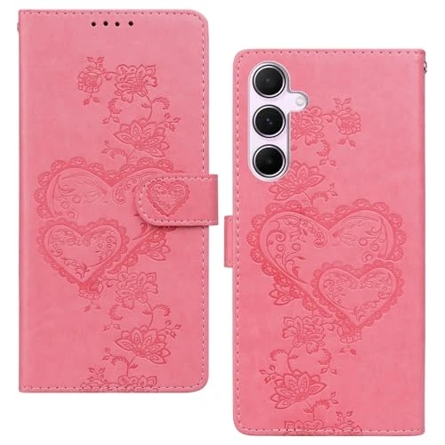BOLELAW Case for Samsung Galaxy A55 [Magnetic Closure][Card Slot][Stand Function] Embossed Heart Peach Leather Flip Case for Galaxy A55, Rose Red