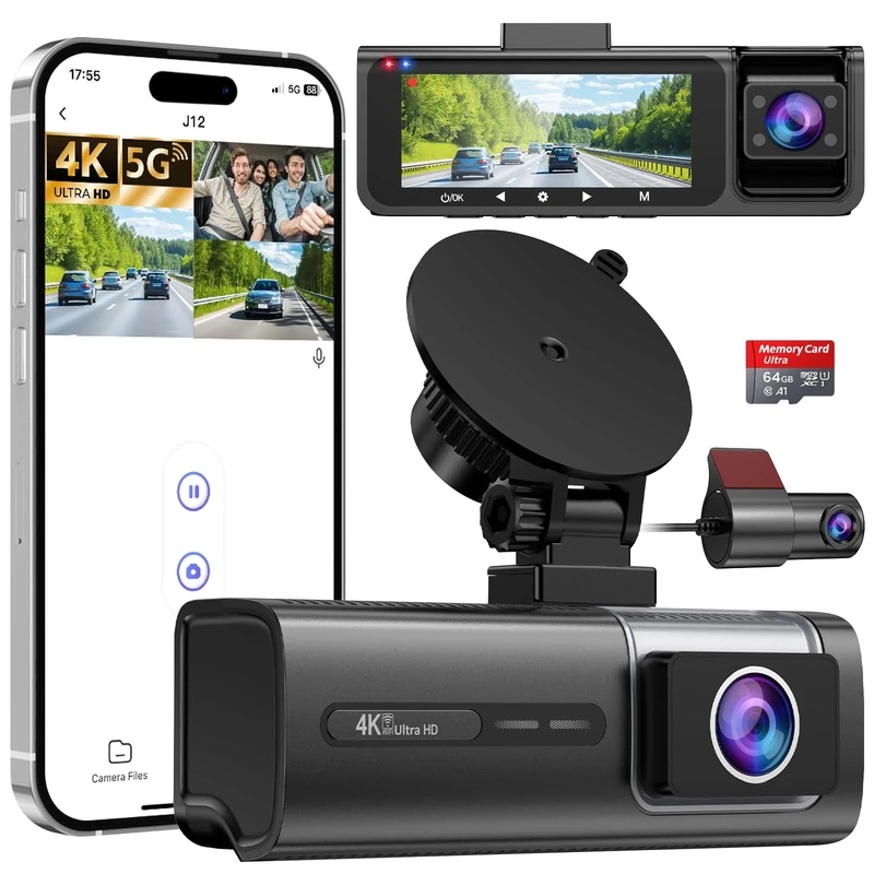 Vasip 4K Dash Cam Front and Rear Inside, 5GHz WiFi, 3 Channel Dash Cam for Cars, 3.16” IPS Dash Camera for Cars with 64GB SD Card, Night Vision, WDR, G-Sensor, Loop Recording, 24H Parking Mode