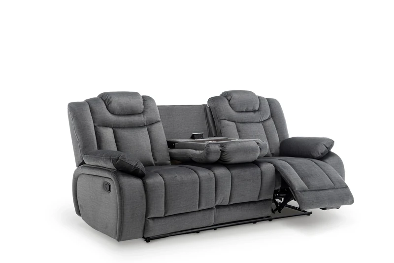Grey Chenille 3 Seater Recliner Sofa – 2x Reclining Seats, Middle Drop-Down Table with USB, Power Sockets & Cup Holders, Ultra-Soft Padding, 3-Position Recline, Ideal for Home Cinema & Living Room