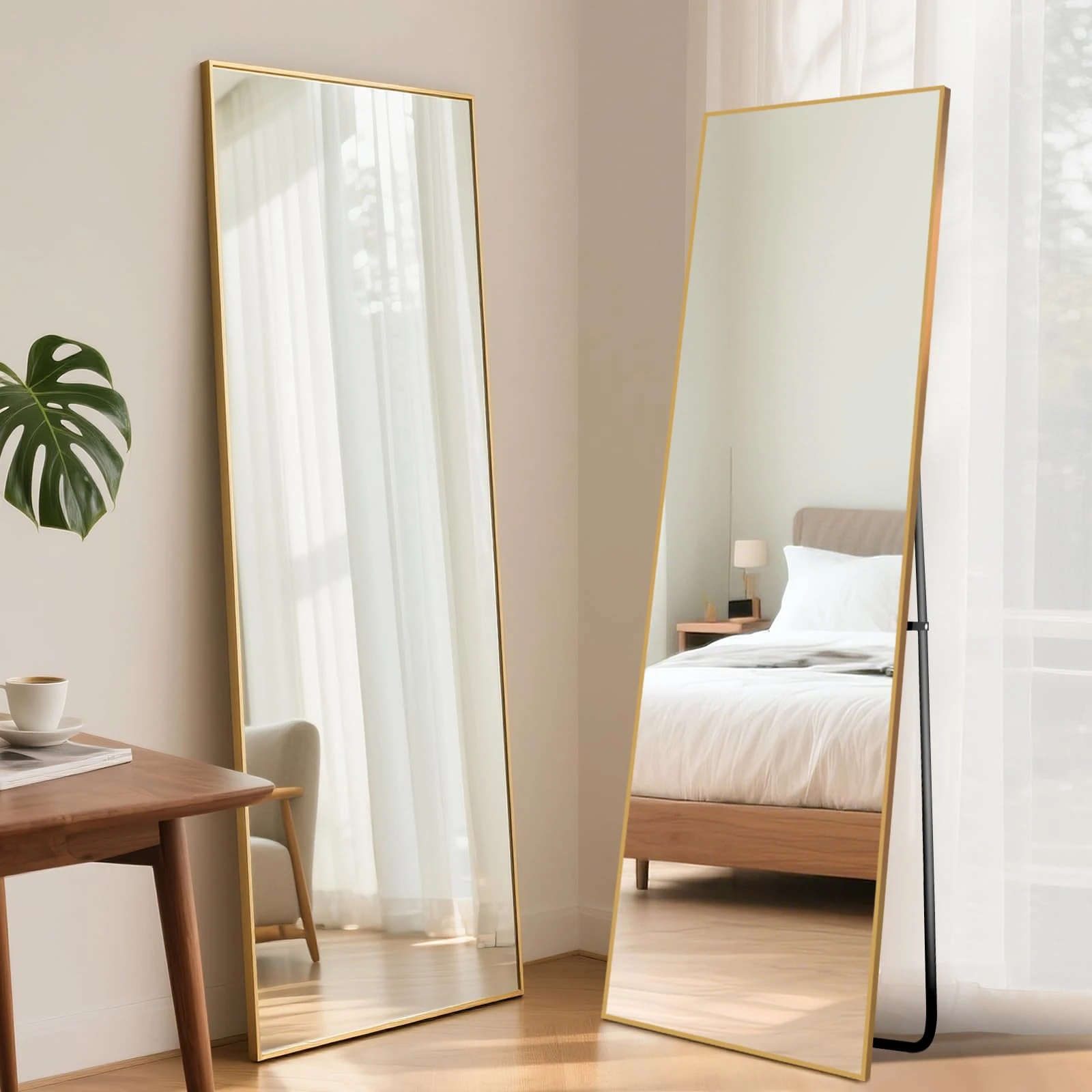 ABXMAS Floor Mirror Square Right Angle 140x40cm Gold, Wall Mirror with Reinforced Black Aluminium Frame and Shatter Resistant Tempered Glass, Compact Size Mirrors for Small Rooms