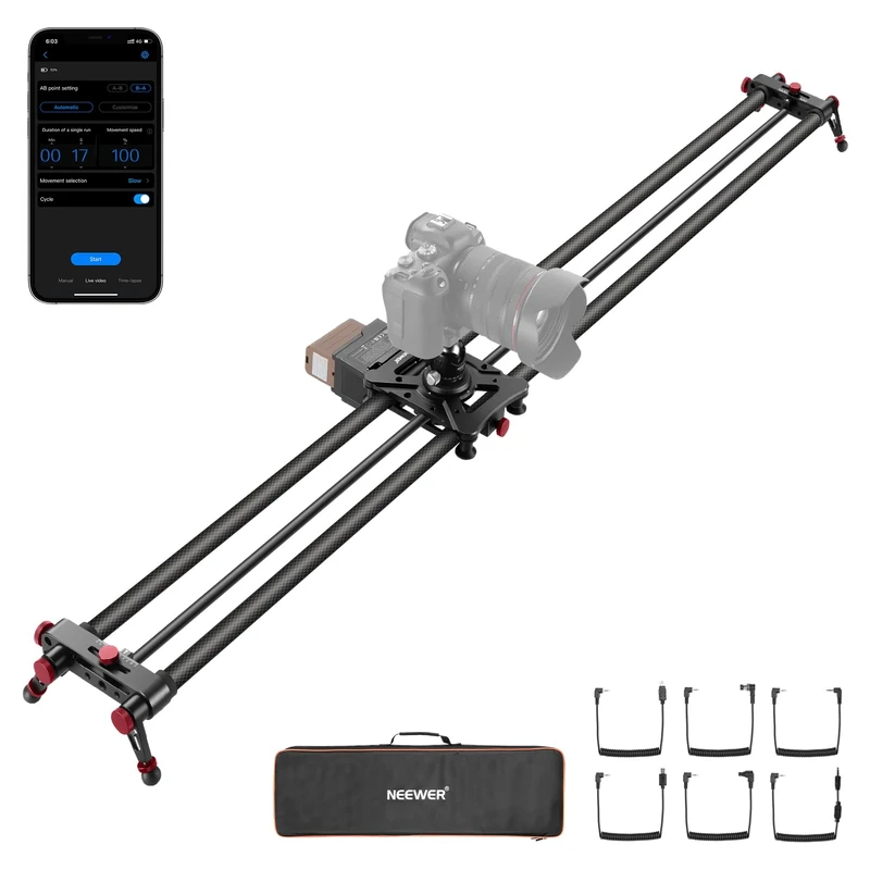 NEEWER 47.2"/120cm Motorized Camera Slider, App Wireless Control DSLR Carbon Fiber Dolly Rail Slider with 4400mAh F750 Battery (Charger Not Included), Support Video Mode, Time Lapse Photography, ER1