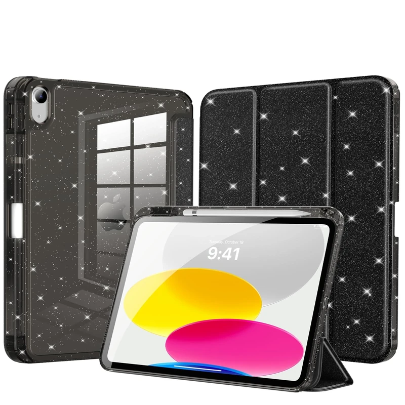 MoKo Slim Case for iPad (A16) 11th Generation 11 Inch 2025, iPad 10th Generation 2022 10.9 Inch, Glitter Smart Soft Cover with Pencil Holder, Sparkly Clear Back Shell, Auto Wake/Sleep, Glitter Black