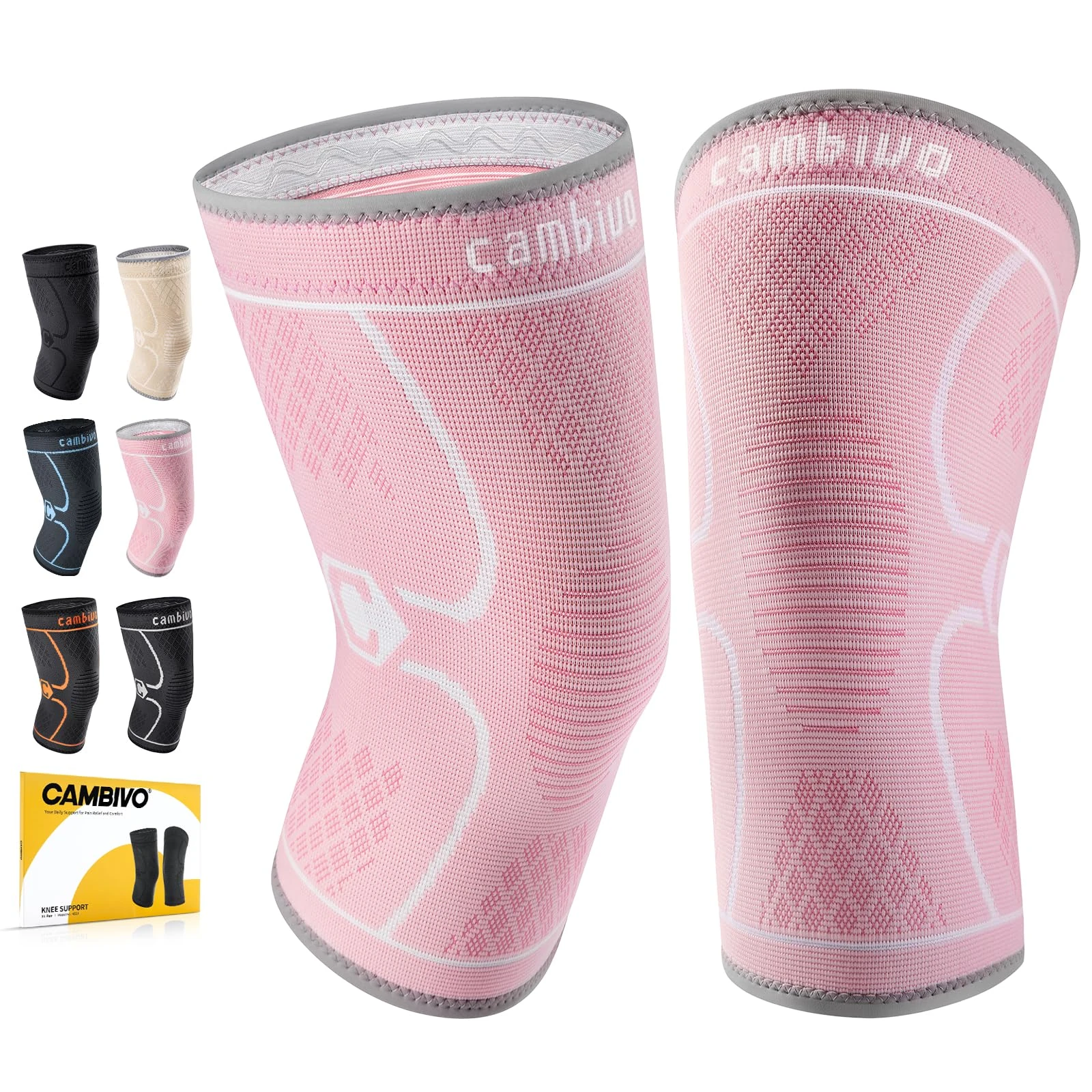 CAMBIVO Knee Support Men/Women 2 Pack, Knee Brace Compression Knee Sleeves for Running, Gym, Weight Lifting, Hiking, Walking, Sports, Volleyball