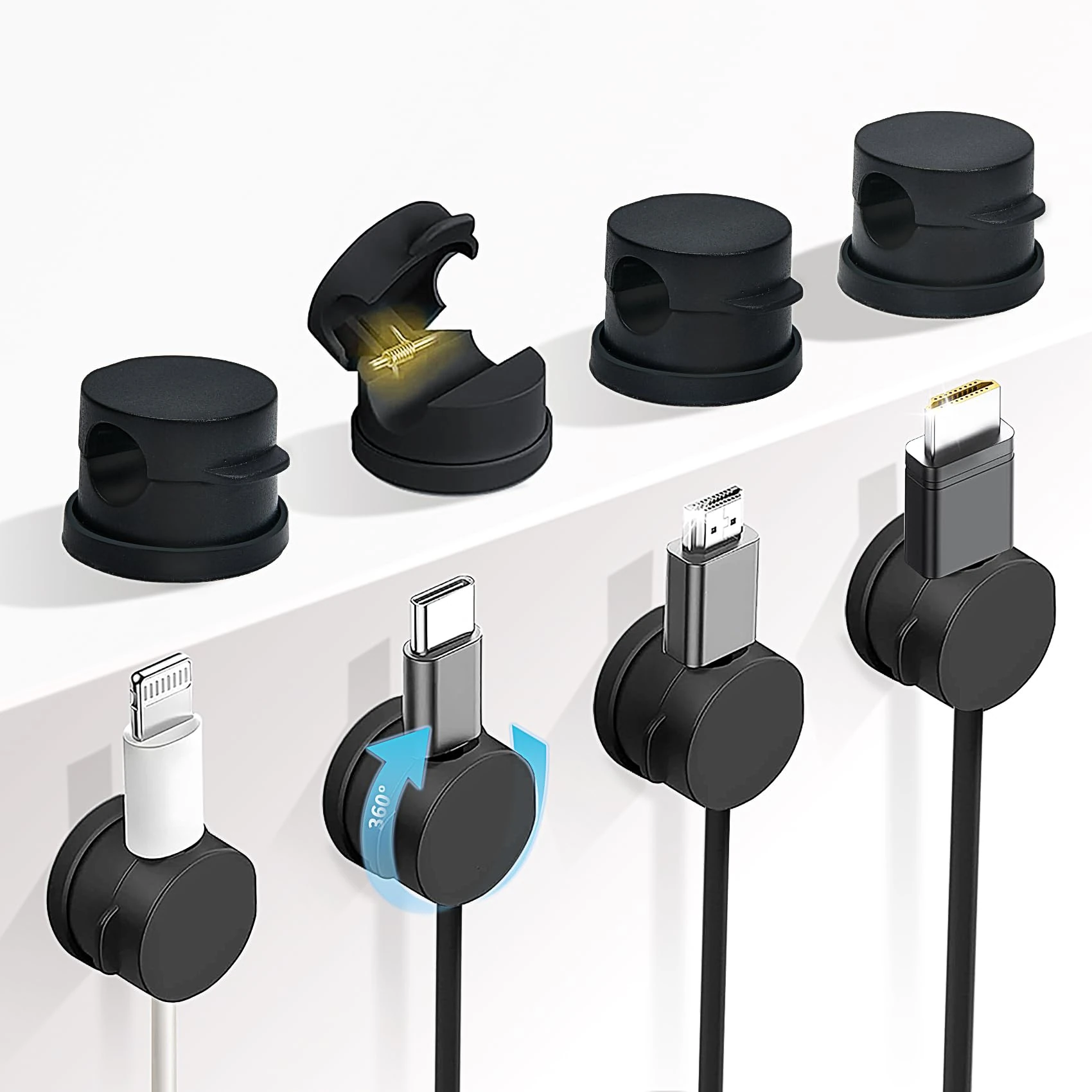 Abnii 360° Rotatable Cable Clips Holder, 8 Pack Spring Cord Organiser, Desk Wire Tidy Management, Adhesive Phone Charging Cord Holder for Nightstand, Car, Wall, Office, Kitchen, Black