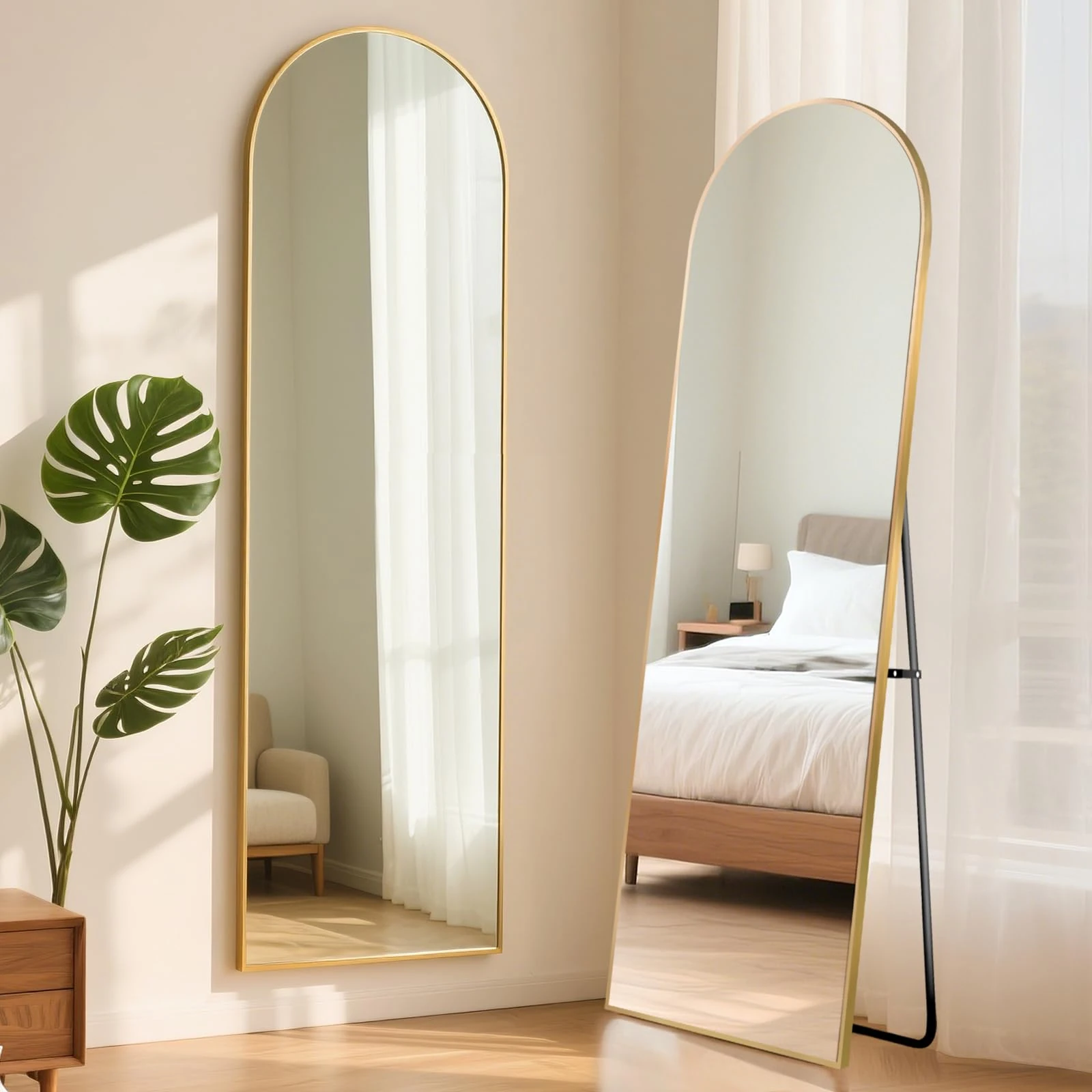ABXMAS Full Length Mirror 152x42cm, Secure Golden Arch Aluminium Frame, Floor Mirrors Reinforced Tempered Glass, Wall Mirror with Free Standing Design for Renters