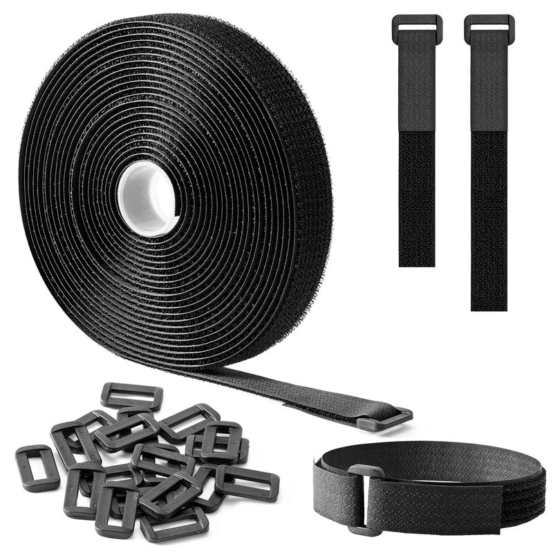 Trilancer 5M x 2CM Reusable Cable Ties, Adjustable Hook and Loop Straps with 25 Buckles, Cut to Length, Ideal for Wire Management, Cord Organizer, and Cable Straps, Black