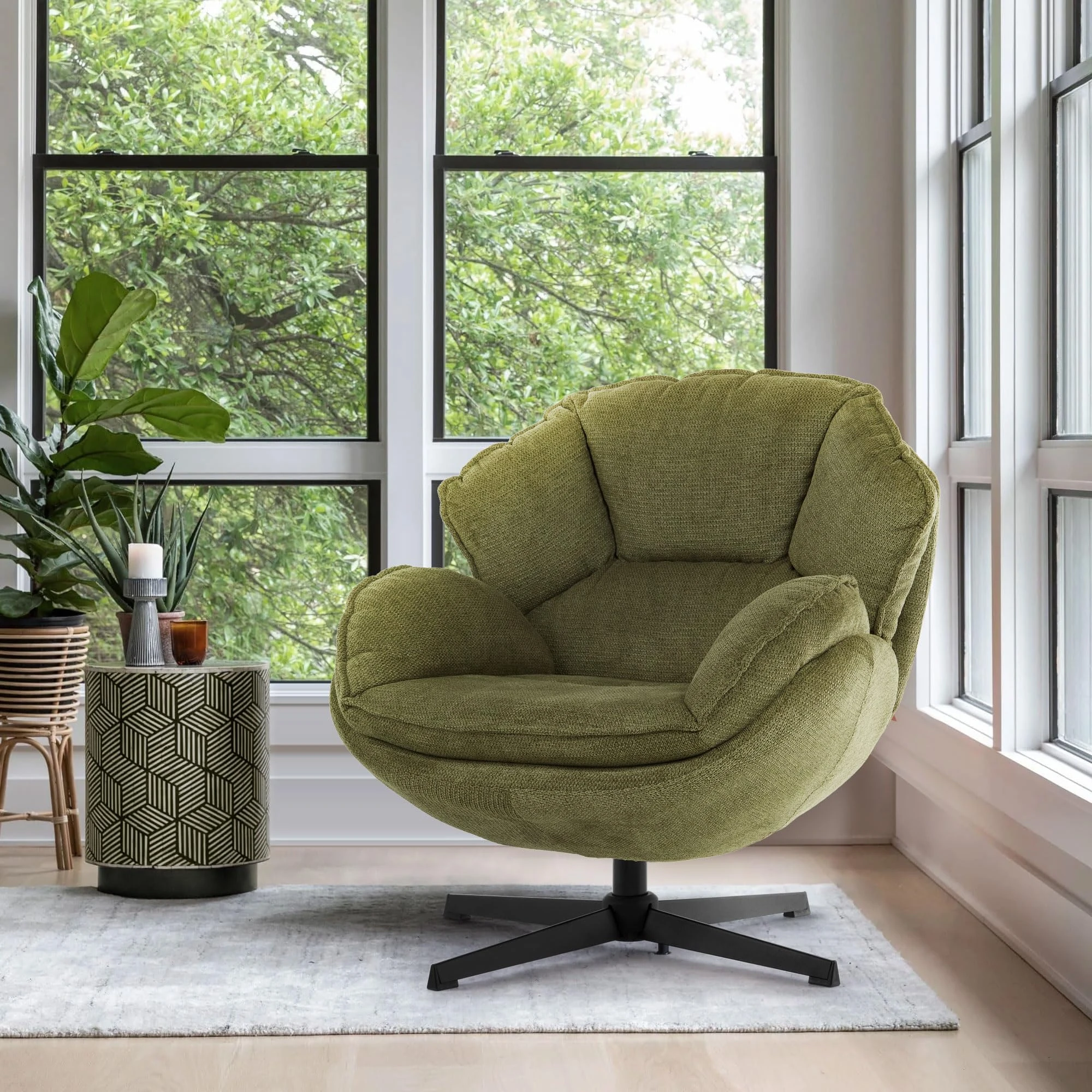 IWMH Swivel Accent Chair for Living Room, Upholstered Occasional Armchair, Tub Chairs with Metal Legs, Leisure Single Sofa Chair for Bedroom Reading (Green)