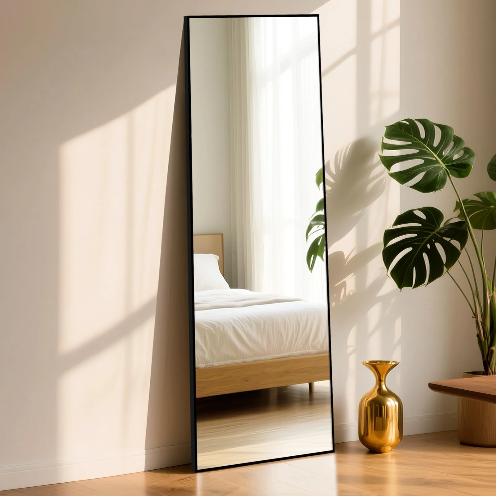 ABXMAS Square Full Length Mirror with Reinforced Black Aluminium Frame 152x42cm, Shatter Resistant Tempered Glass Floor Mirror, 60"x17" Wall Mirrors Compact Size for Small Rooms