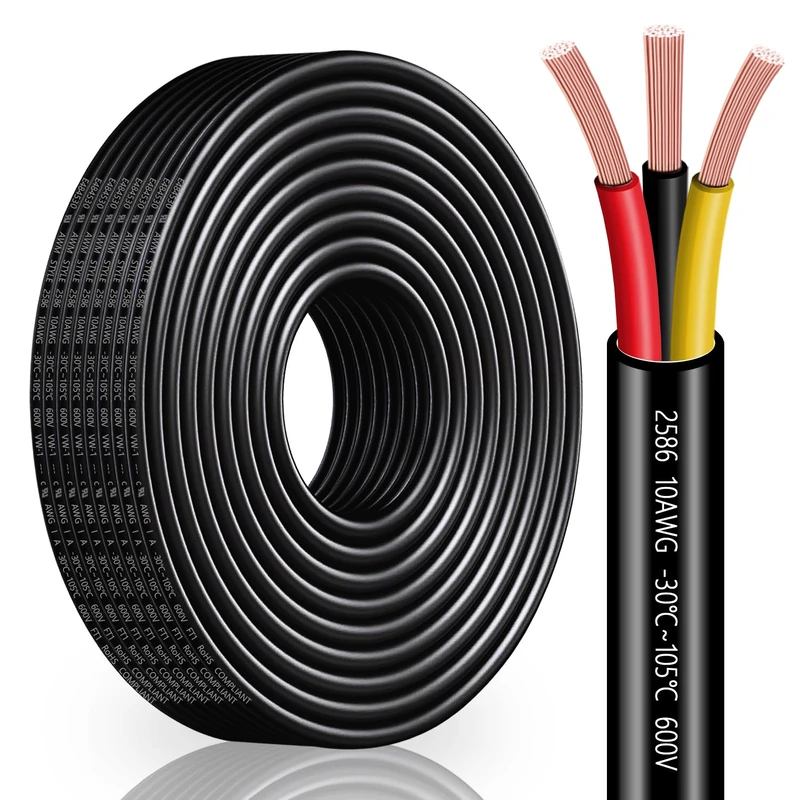 10 Gauge 3 Conductor Electrical Wire 10 AWG 3 Wire Oxygen-Free Copper PVC Stranded 26FT 10/3 Wire for LED Lighting Outdoor Low Voltage Extension Cable (10AWG-3C, 26FT)