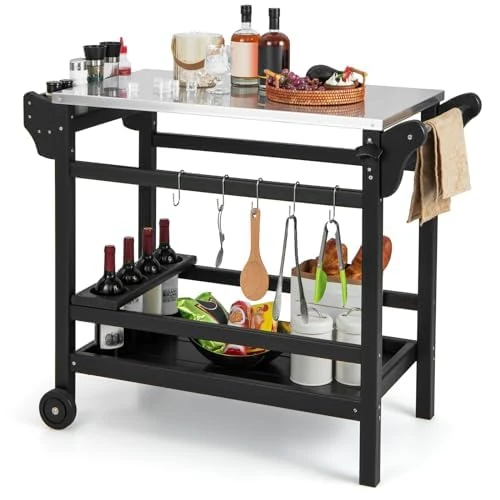 FANTASK HDPE Barbecue Trolley with Spice Tray, Wine Bottle Rack, Handle & 2 Wheels, Stainless Steel Worktop - Image 1