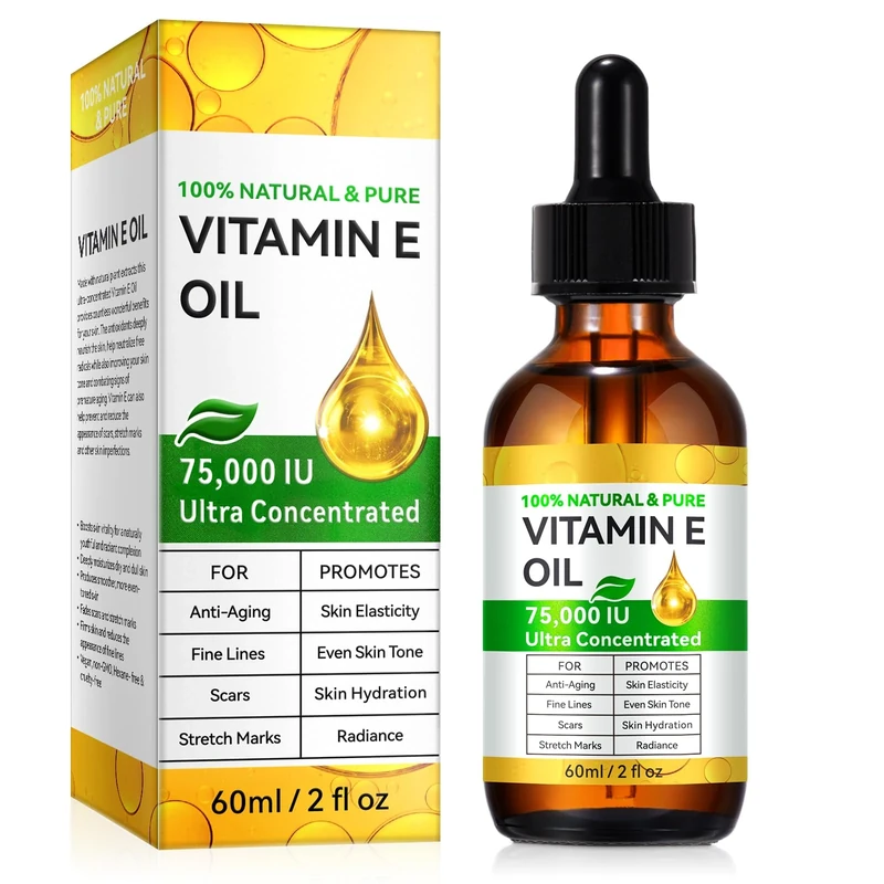 Pure Vitamin E Oil for Skin & Hair - 100% Natural, 75,000 IU, 2 Fl Oz - Moisturizes, Repairs & Protects - Non-Greasy, Cold Pressed - For Face, Body, Scars & Cuticles