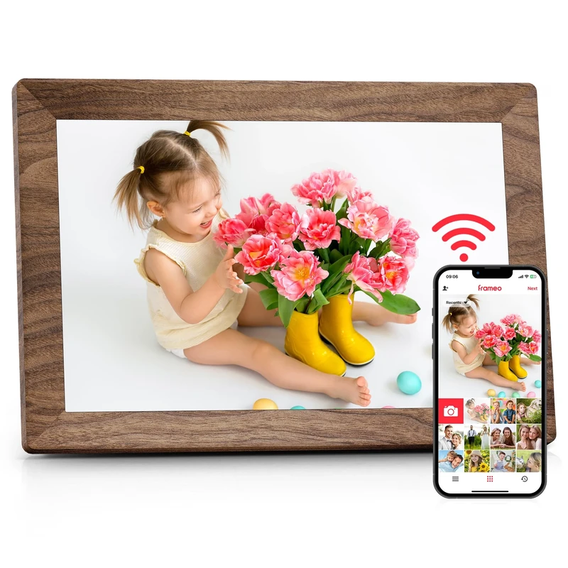 Frameo 10.1Inch Digital Photo Frame with 32GB Memory WiFi Electronic Photo Frame Touch Screen, Auto Rotate, Easy Setup and Share Photos or Videos via Frameo APP-Brown Wood