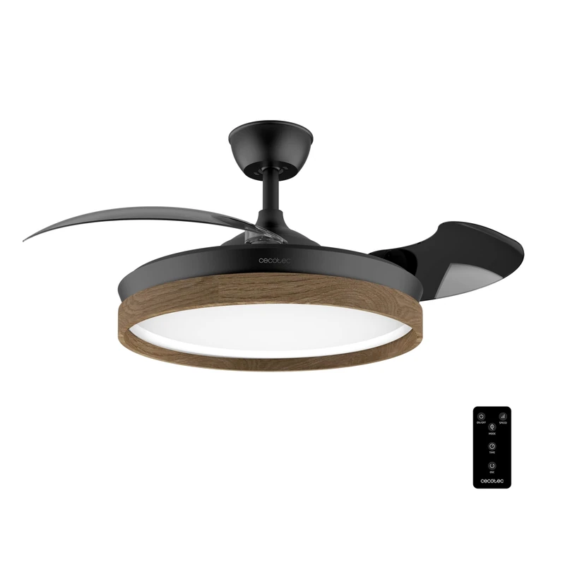 Cecotec Energysilence Aero 4320 Invisible Wood & Black Ceiling Fan with Light, 35 W, 6 Speeds, Retractable Blades, Remote Control, Timer, Integrated Light, Adjustable Light Intensity