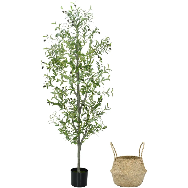 Liyarya Faux Olive Tree 6FT Silk Plant Artificial Indoor, 6 FT Fake Potted Olive with Wicker Basket Planter, Tall Artificial Olive Trees with Natural Wood Trunk & Fruits for Home Office, 6 Feet (72")