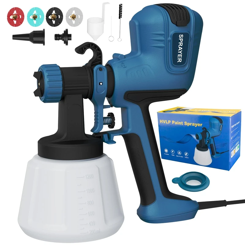 Paint Sprayer 700W HVLP, Powerful Electric Fence Paint Sprayer with 4 Nozzles, 3 Spray Patterns, Cleaning & Blowing Joints, Large 1200ml Tank, Easy for Furniture, Fences, Walls, Doors, Garden Projects