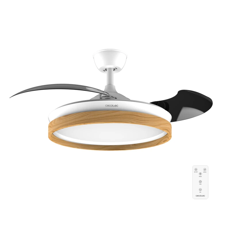 Cecotec Energysilence Aero 4320 Invisible Wood&White Ceiling Fan with Light, 35W, 6 Speeds, Retractable Blades, Remote Control, Timer, Integrated LED, Adjustable Light Intensity