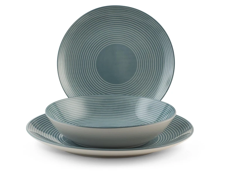 H&H, Echo 18-Piece Porcelain Dinner Set, Teal Colour, Coupe Shape - 6 Dinner Plates, 6 Soup Plates, 6 Fruit Plates, Dishwasher Safe and Microwave Safe - Image 1