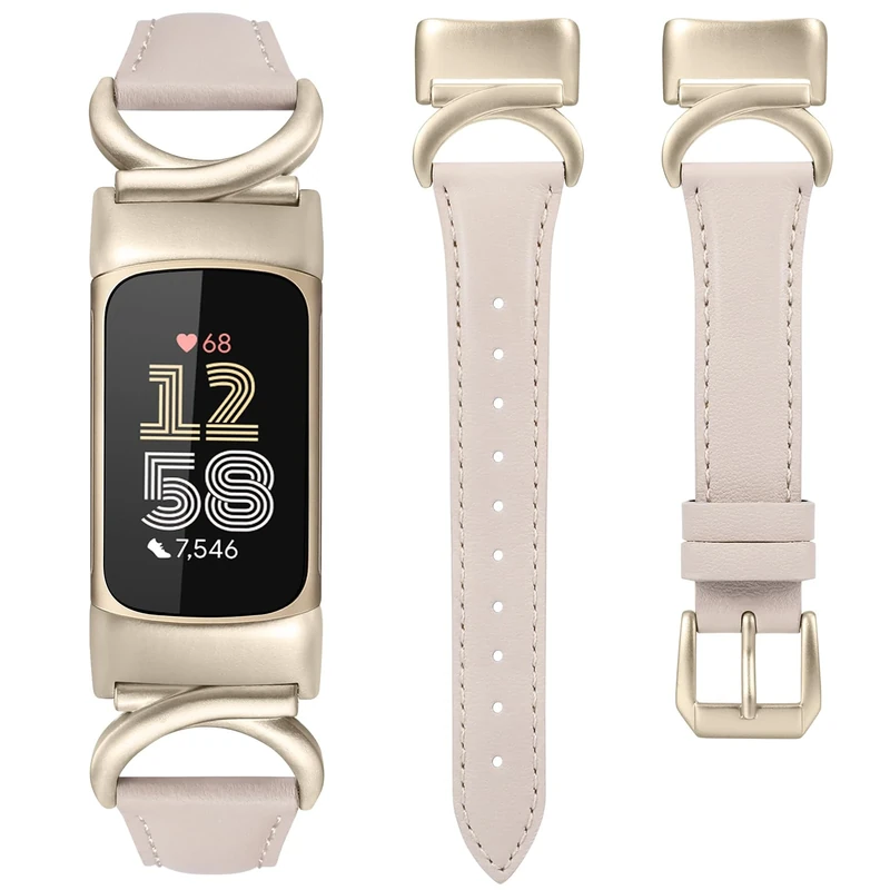 Minyee Leather Bands Compatible with Fitbit Charge 6/Charge 5 Band Women, Slim Thin Dressy Premium Leather Strap with C-Shape Metal Buckle for Charge 6/5 Watch Accessories, Starlight/Champagne Gold