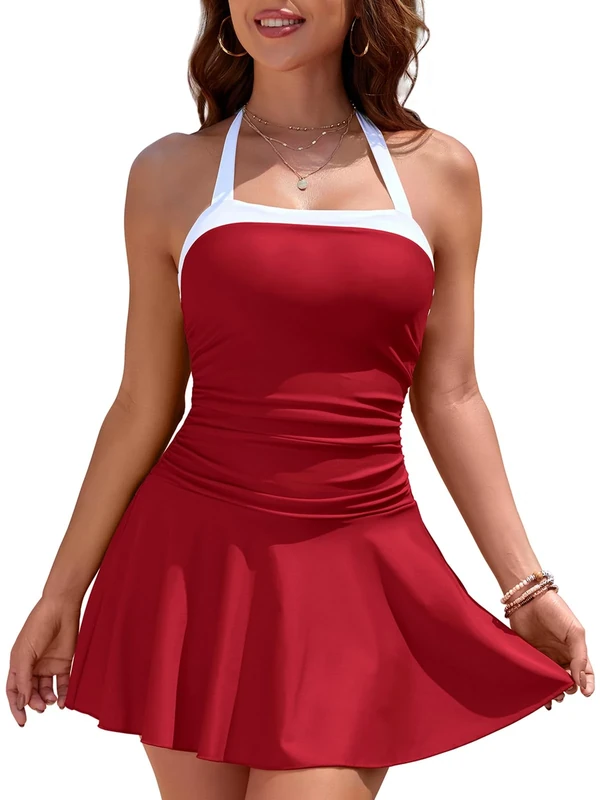 SHEKINI Halter Neck One Piece Swim Dress - Tummy Control, Ruched Front