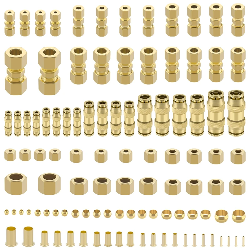 Taiidaues 178 Pcs DOT Quick Push to Connect Fittings Straight Union & Brass Compression Tube Fittings 1/8" 5/32"1/4"5/16"3/8" 1/2" Air Line Fittings Push Lock Air Hose Fittings with Compression Union