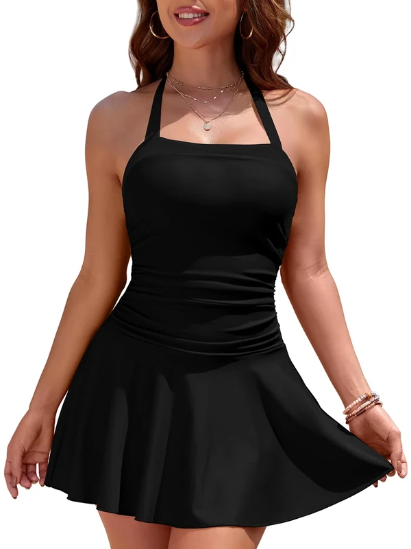 SHEKINI Halter Neck Swim Dress - Tummy Control Plus Size Black