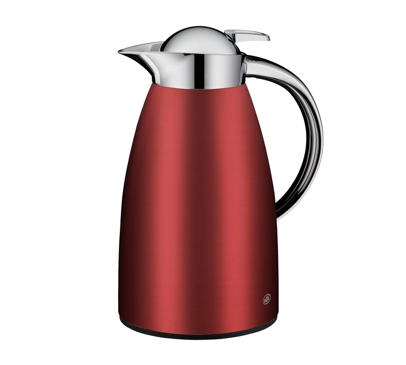 alfi Signo 1.0 L, Satin red, Stainless Steel Insulated jug with hygienic Tempered Glass Insert, Screw Cap with Comfortable Push Button, Ergonomic Handle, with one Hand, Ideal as a Coffee Pot, teapot