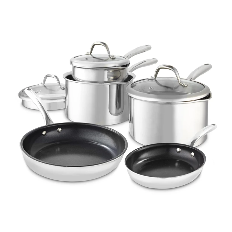 Good Food in Partnership with Tower Tri-Ply 5 Piece Cookware Set with 16cm, 18cm & 20cm Saucepans with Tempered Glass Lids, 20cm & 28cm Frying Pans, Induction Compatible, Stainless Steel