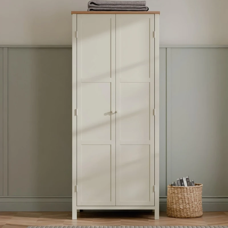 Julian Bowen Coxmoor Wardrobe – 2 Door Bedroom Storage with Shelf and Hanging Rail, Rustic Cream Wooden Armoire, 188x80x55cm – Ivory and Oak