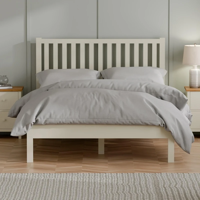 Julian Bowen Coxmoor Double Bed Frame - Wooden 4ft6 Size Cream Bed 135x190cm with High Headboard, Rustic Solid Pine Frame - Ivory
