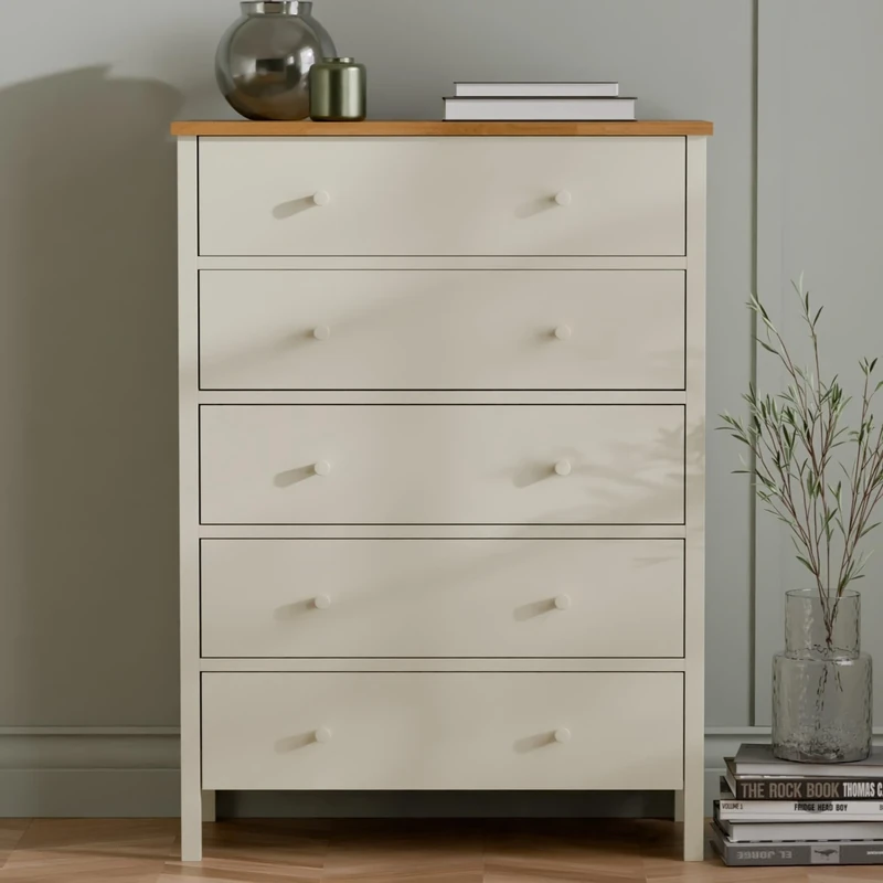 Julian Bowen Coxmoor Chest of Drawers – Wide Wooden Dresser with 5 Drawers, Cream Sideboard for Bedroom and Living Room, 116x84x40cm – Ivory and Oak