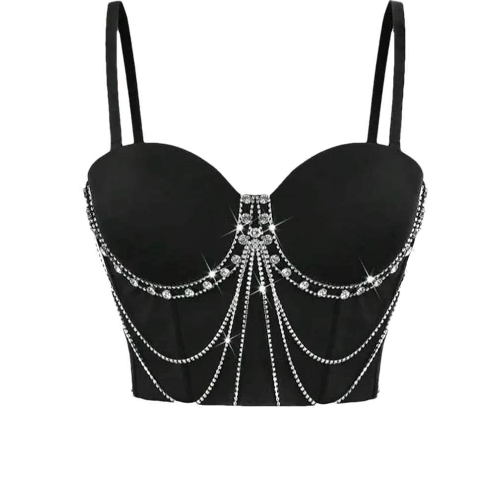 2025 Women Sexy Rhinestone Chain Bustier Back Buckle Crop Corset Party Club Corset Top Black Xs