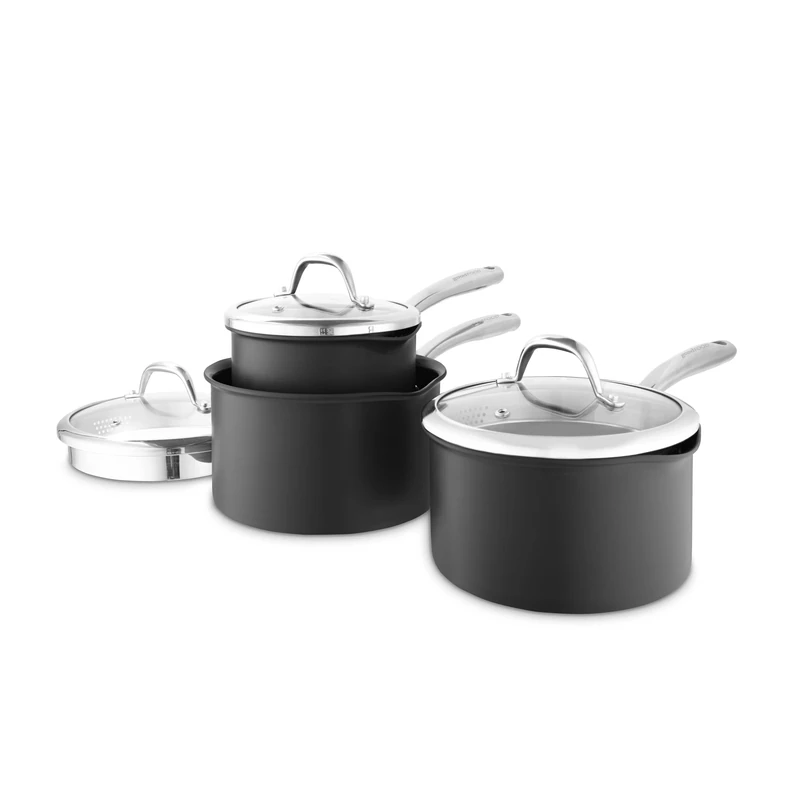 Good Food in Partnership with Tower Hard Anodised 3 Piece Saucepan Set 16cm, 18cm & 20cm with Tempered Glass Lids, 10x Stronger Superior Ceramic Non-Stick Coating, Induction Compatible, Grey