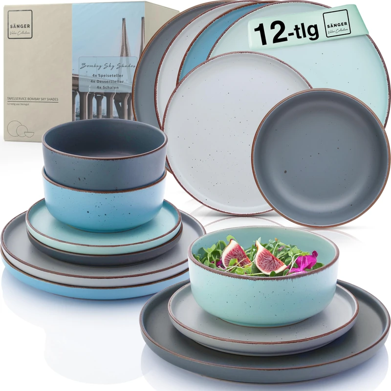 SÄNGER Bombay Sky Shades | Crockery Set 12 Pieces, Stoneware Crockery for 4 People, 4 x Dinner Plates, 4 x Dessert Plates, 4 x Bowls, Plate Set Colourful | Value Collection