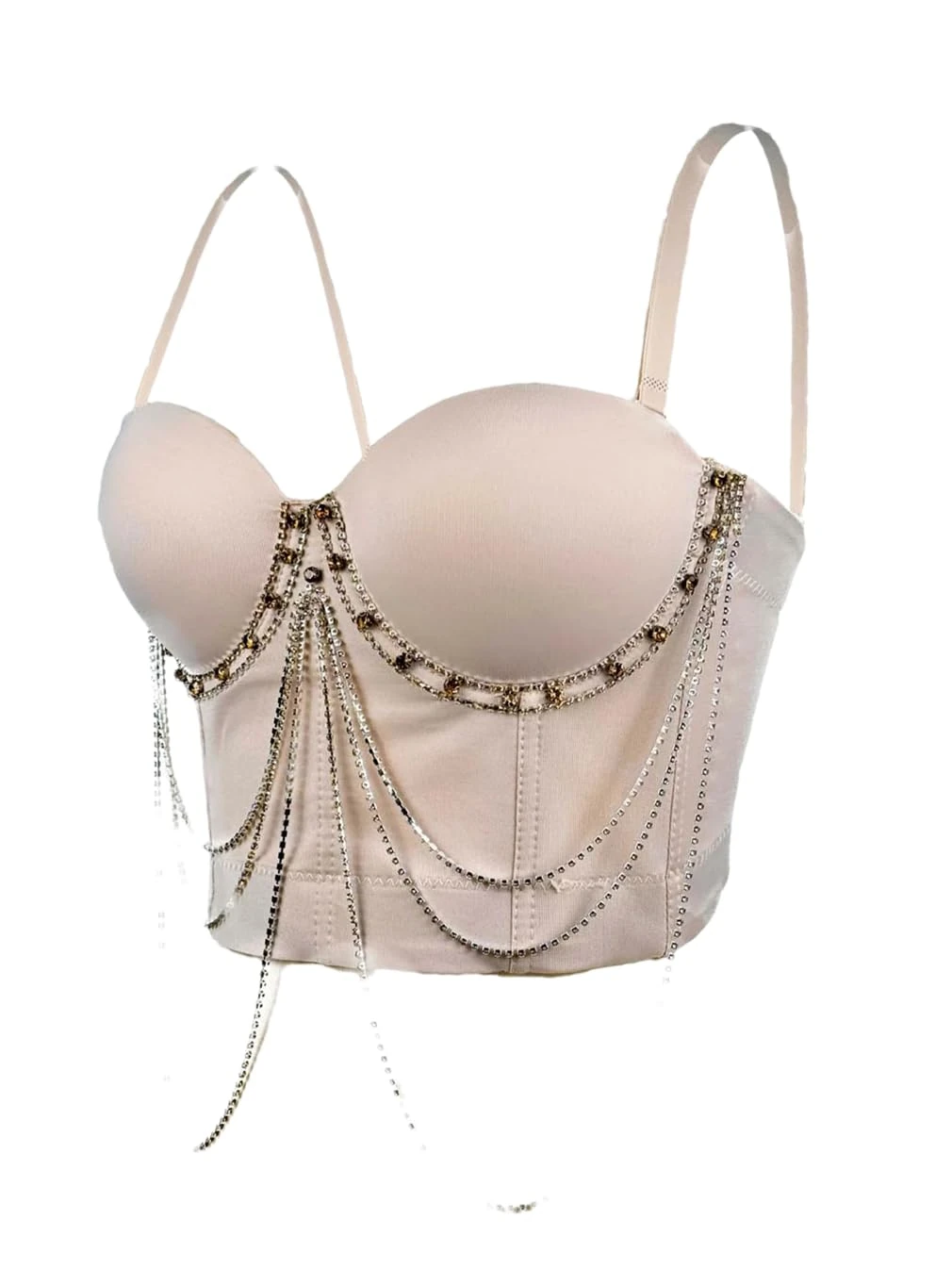 2025 Women Sexy Rhinestone Chain Bustier Back Buckle Crop Corset Party Club Corset Top Beige Xs