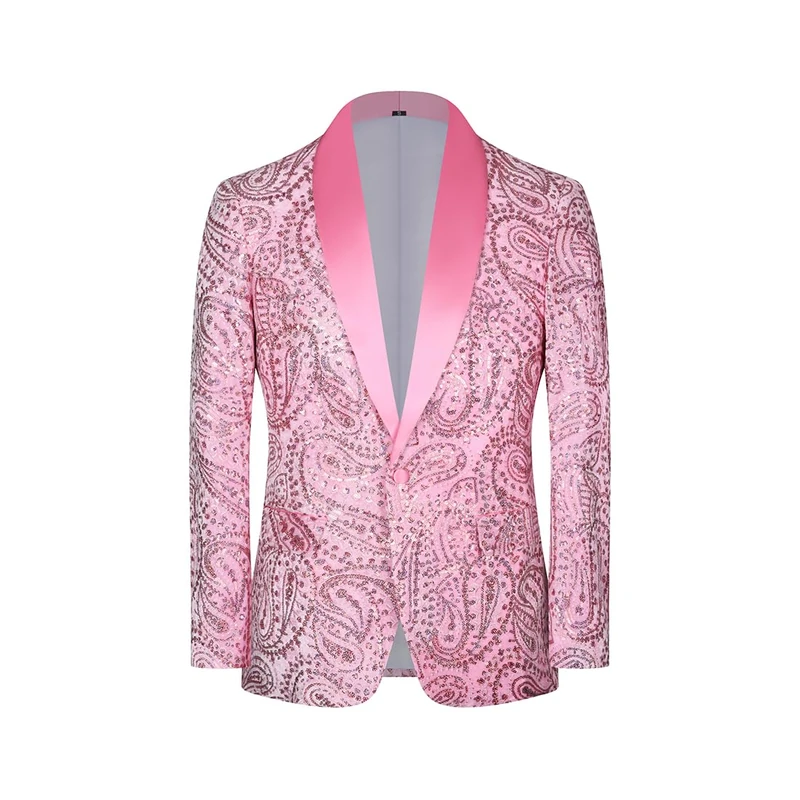 PYJTRL Men's Shiny Sequins Suit Jacket Classic Floral Suit Jacket Fashion,Suitable for Parties,Weddings,Banquets,Proms,Pink,L